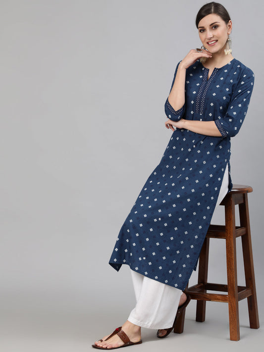 Women Navy Blue Ethnic Printed Straight Kurta With Three Quarter Sleeves | LASVINI - Redefining Indian Fashion with Elegance
