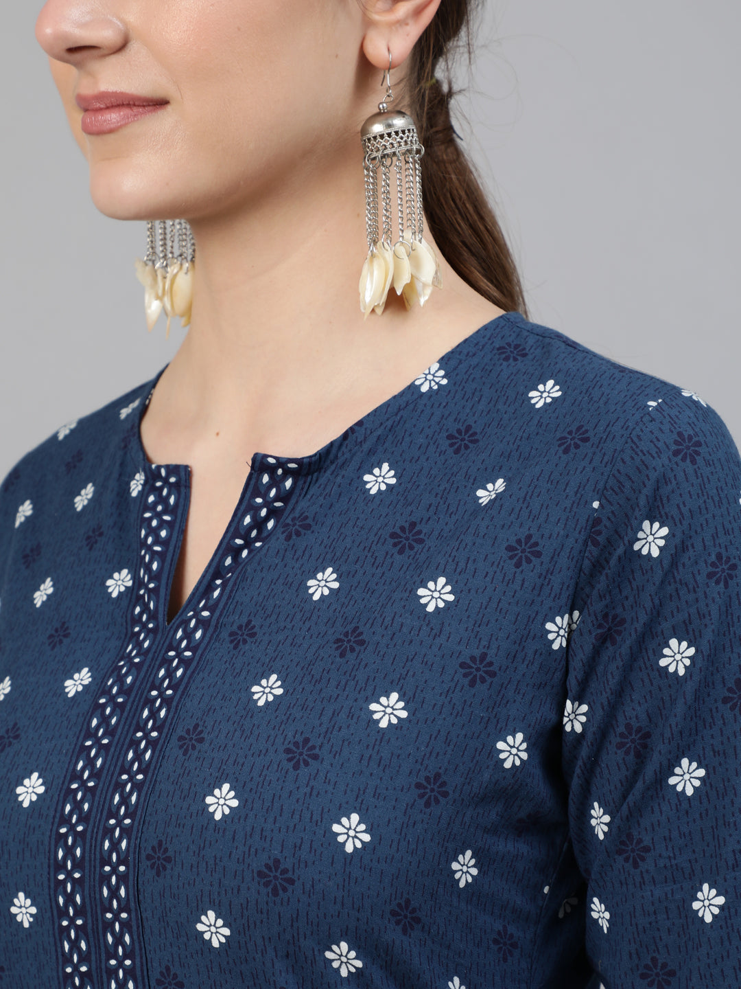 Women Navy Blue Ethnic Printed Straight Kurta With Three Quarter Sleeves | LASVINI - Redefining Indian Fashion with Elegance
