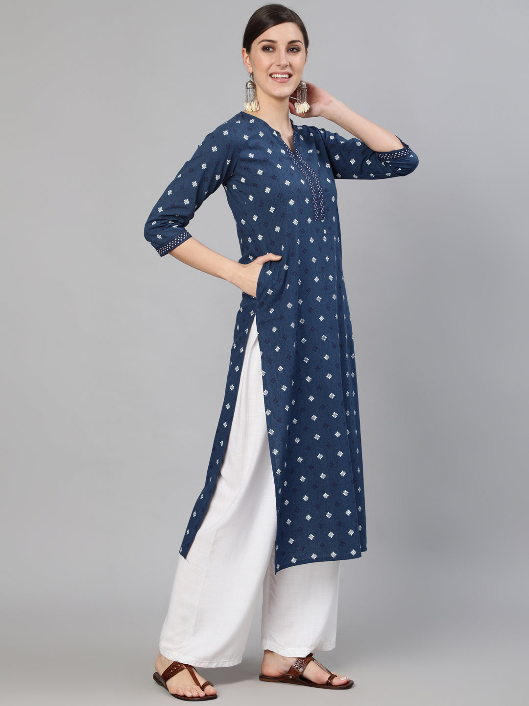 Women Navy Blue Ethnic Printed Straight Kurta With Three Quarter Sleeves | LASVINI - Redefining Indian Fashion with Elegance