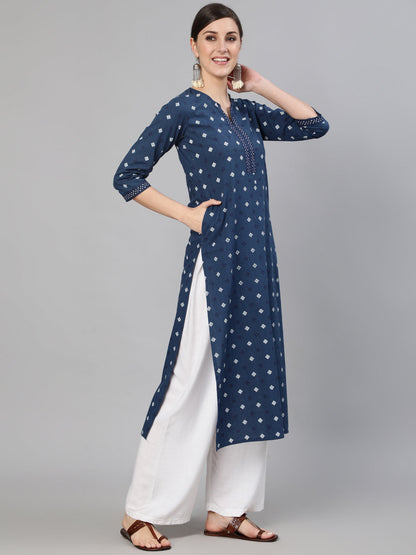 Women Navy Blue Ethnic Printed Straight Kurta With Three Quarter Sleeves | LASVINI - Redefining Indian Fashion with Elegance
