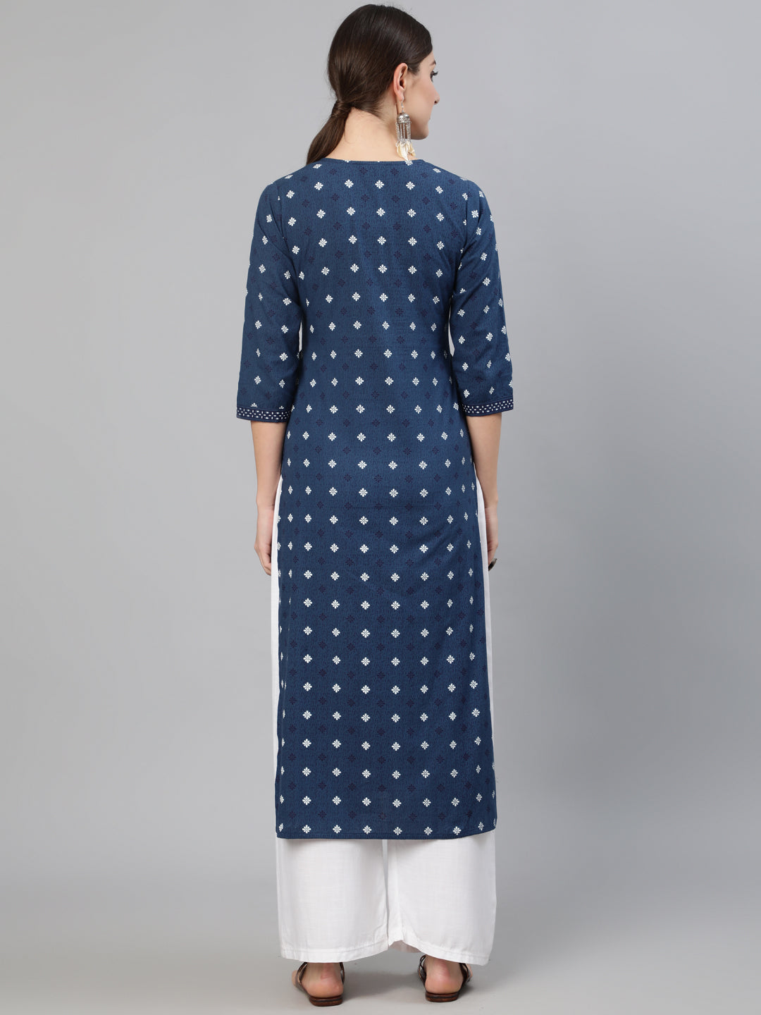 Women Navy Blue Ethnic Printed Straight Kurta With Three Quarter Sleeves | LASVINI - Redefining Indian Fashion with Elegance