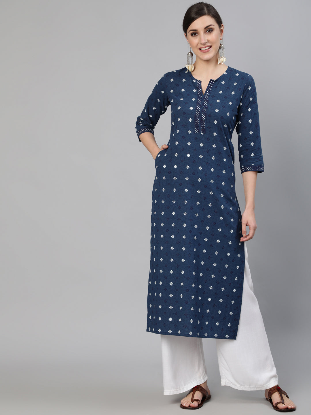 Women Navy Blue Ethnic Printed Straight Kurta With Three Quarter Sleeves | LASVINI - Redefining Indian Fashion with Elegance