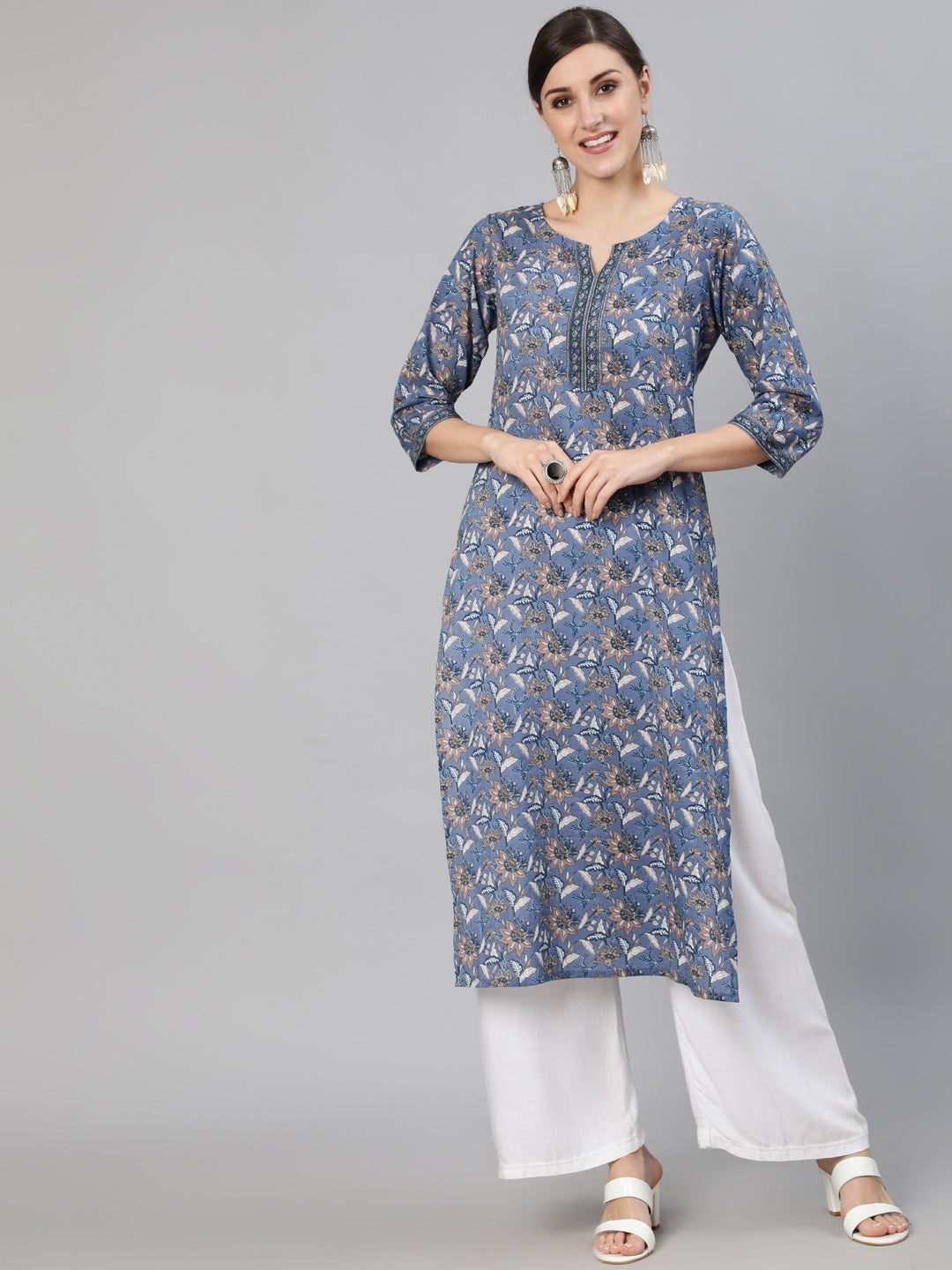 Women Blue & Beige Floral Printed Straight Kurta | LASVINI - Redefining Indian Fashion with Elegance