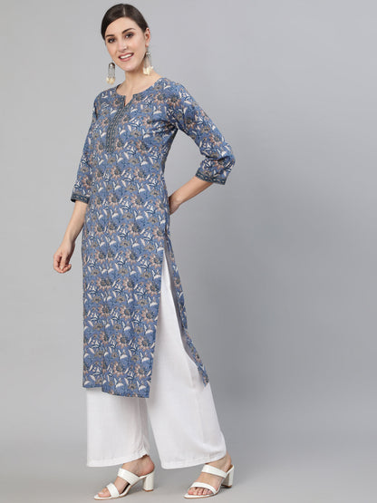 Women Blue & Beige Floral Printed Straight Kurta | LASVINI - Redefining Indian Fashion with Elegance