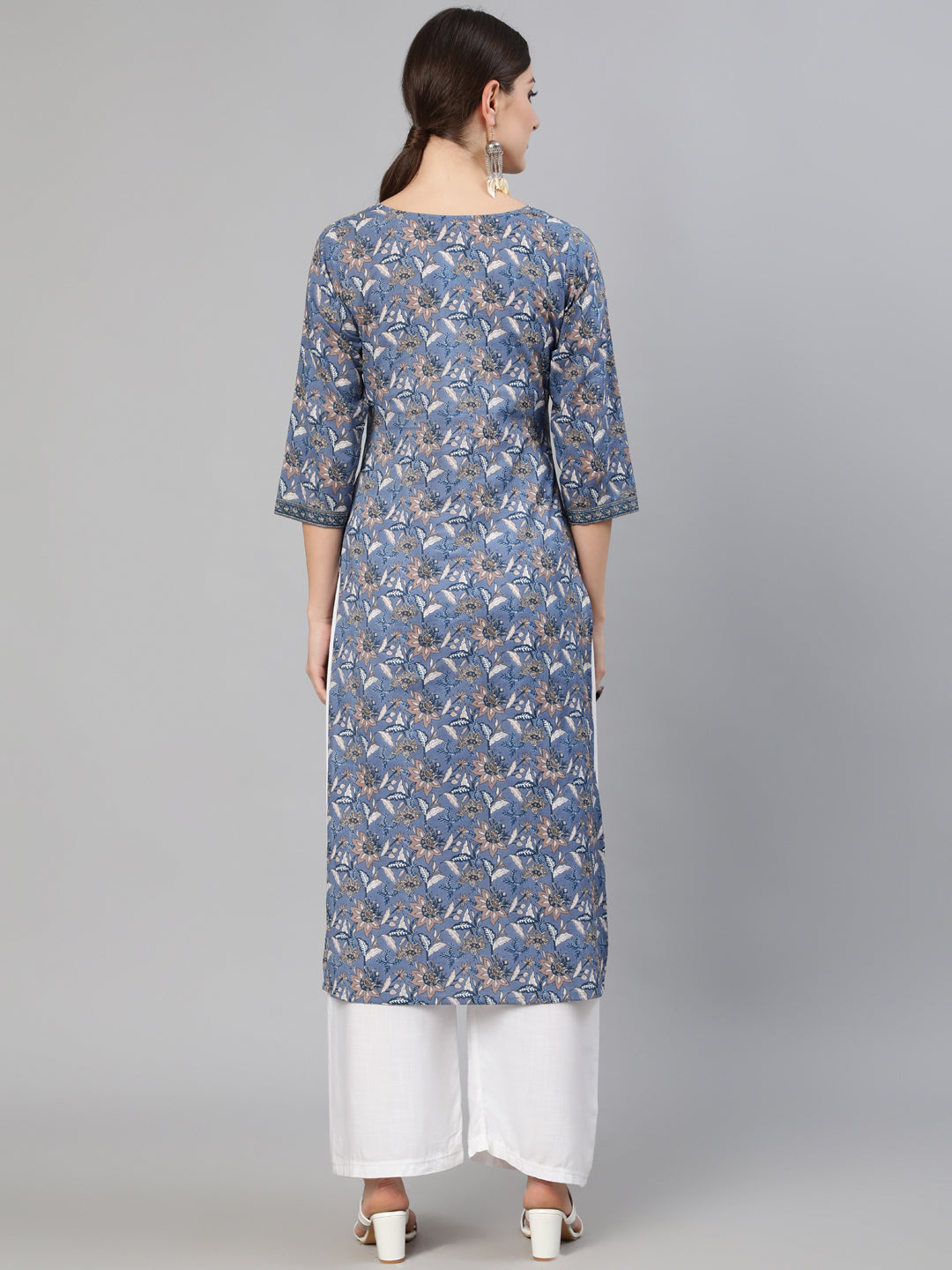 Women Blue & Beige Floral Printed Straight Kurta | LASVINI - Redefining Indian Fashion with Elegance