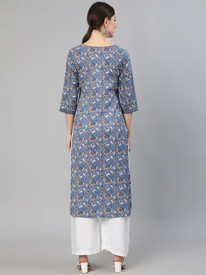 Women Blue & Beige Floral Printed Straight Kurta | LASVINI - Redefining Indian Fashion with Elegance