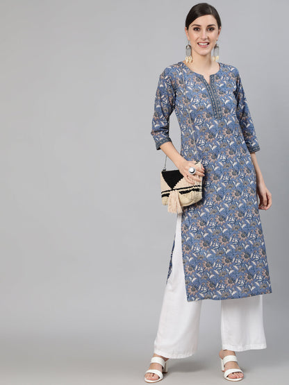 Women Blue & Beige Floral Printed Straight Kurta | LASVINI - Redefining Indian Fashion with Elegance