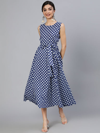 Women Blue Polka Dots Printed Sleeveless Dress With Belt | LASVINI - Redefining Indian Fashion with Elegance
