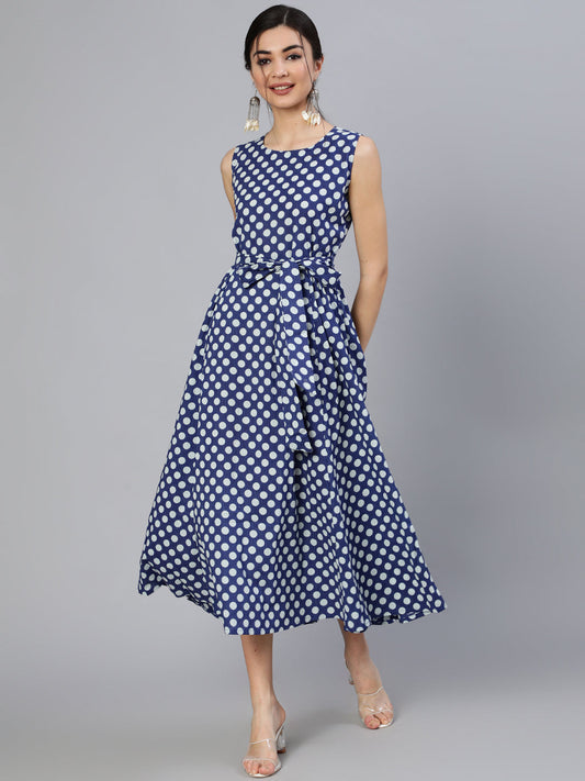 Women Blue Polka Dots Printed Sleeveless Dress With Belt | LASVINI - Redefining Indian Fashion with Elegance