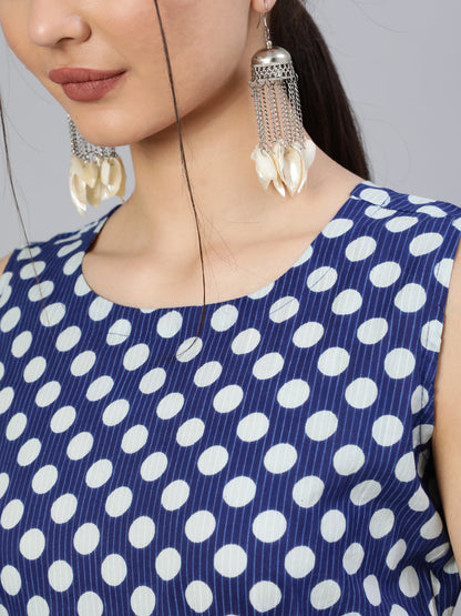 Women Blue Polka Dots Printed Sleeveless Dress With Belt | LASVINI - Redefining Indian Fashion with Elegance