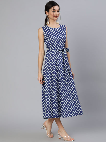 Women Blue Polka Dots Printed Sleeveless Dress With Belt | LASVINI - Redefining Indian Fashion with Elegance