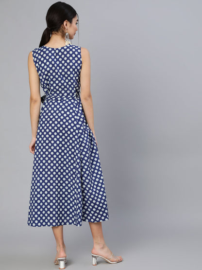 Women Blue Polka Dots Printed Sleeveless Dress With Belt | LASVINI - Redefining Indian Fashion with Elegance