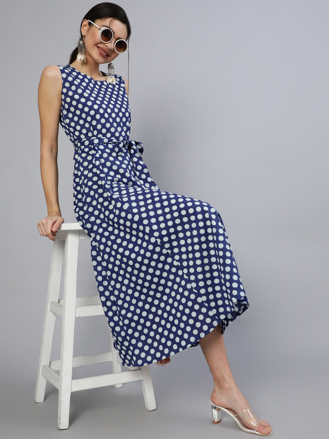 Women Blue Polka Dots Printed Sleeveless Dress With Belt | LASVINI - Redefining Indian Fashion with Elegance