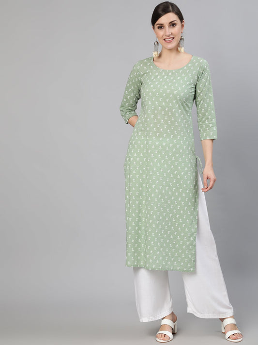 Women Sage Green Printed Straight Kurta With Three Quarter Sleevs | LASVINI - Redefining Indian Fashion with Elegance