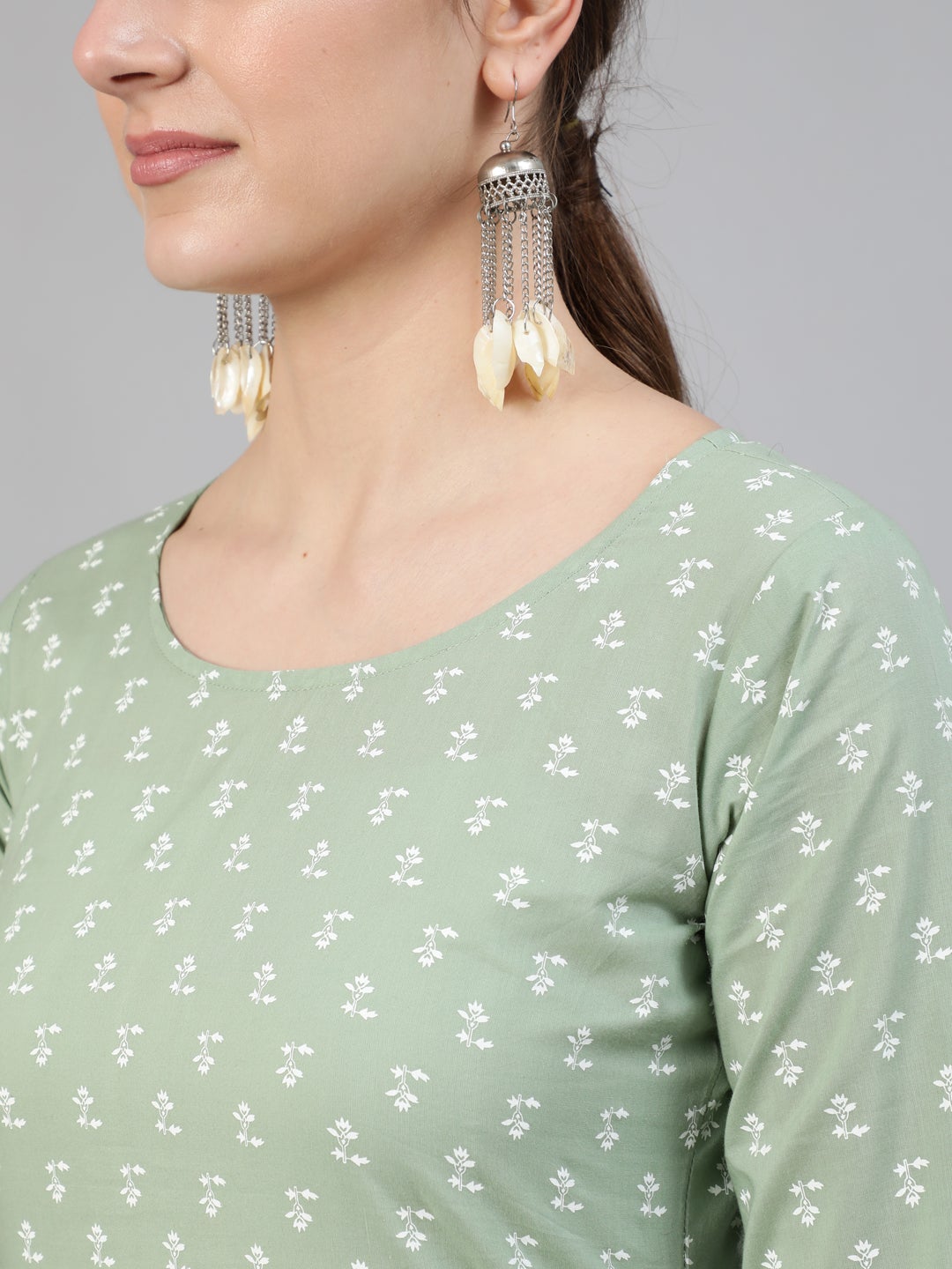 Women Sage Green Printed Straight Kurta With Three Quarter Sleevs | LASVINI - Redefining Indian Fashion with Elegance
