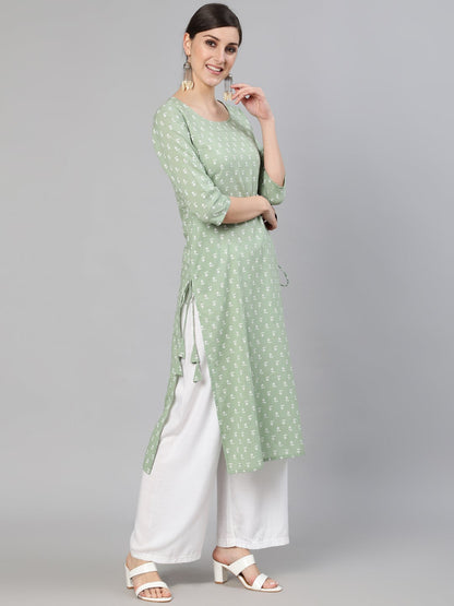 Women Sage Green Printed Straight Kurta With Three Quarter Sleevs | LASVINI - Redefining Indian Fashion with Elegance