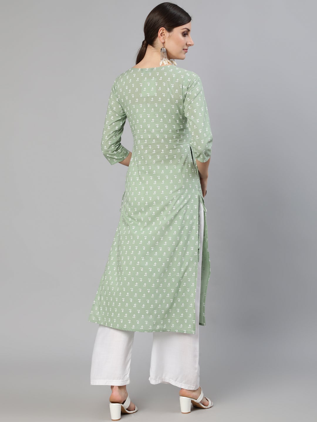 Women Sage Green Printed Straight Kurta With Three Quarter Sleevs | LASVINI - Redefining Indian Fashion with Elegance