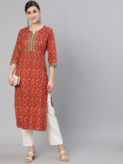 Women Red Floral Printed  Straight Kurta With Three Quarter Sleeves | LASVINI - Redefining Indian Fashion with Elegance
