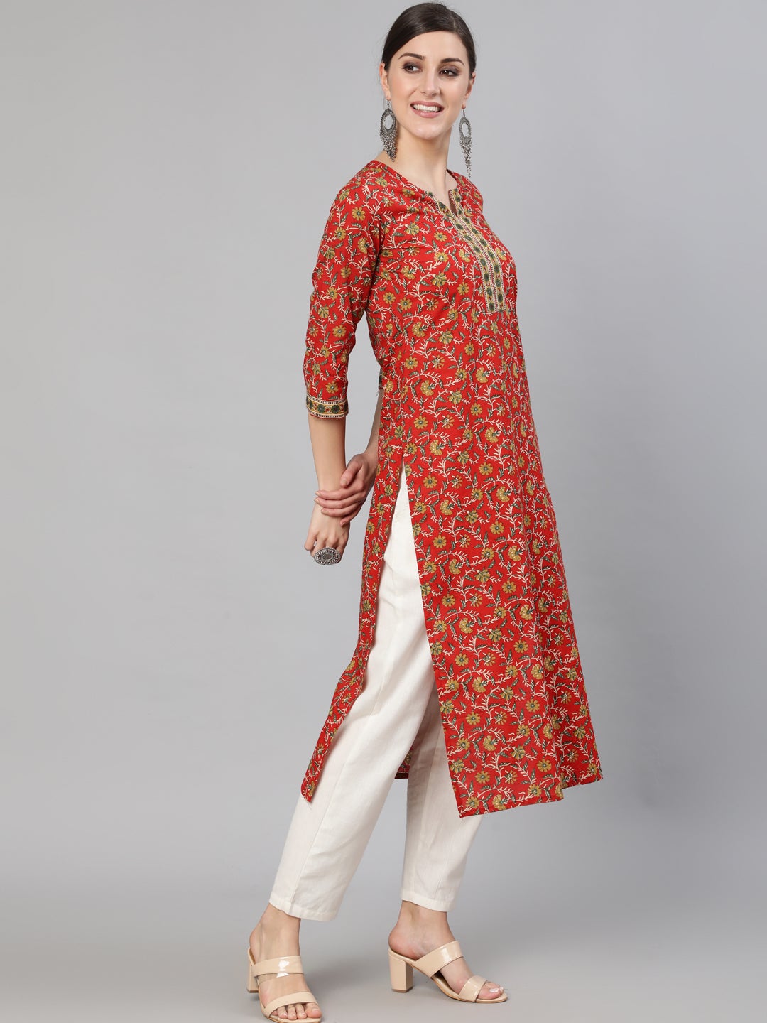 Women Red Floral Printed  Straight Kurta With Three Quarter Sleeves | LASVINI - Redefining Indian Fashion with Elegance
