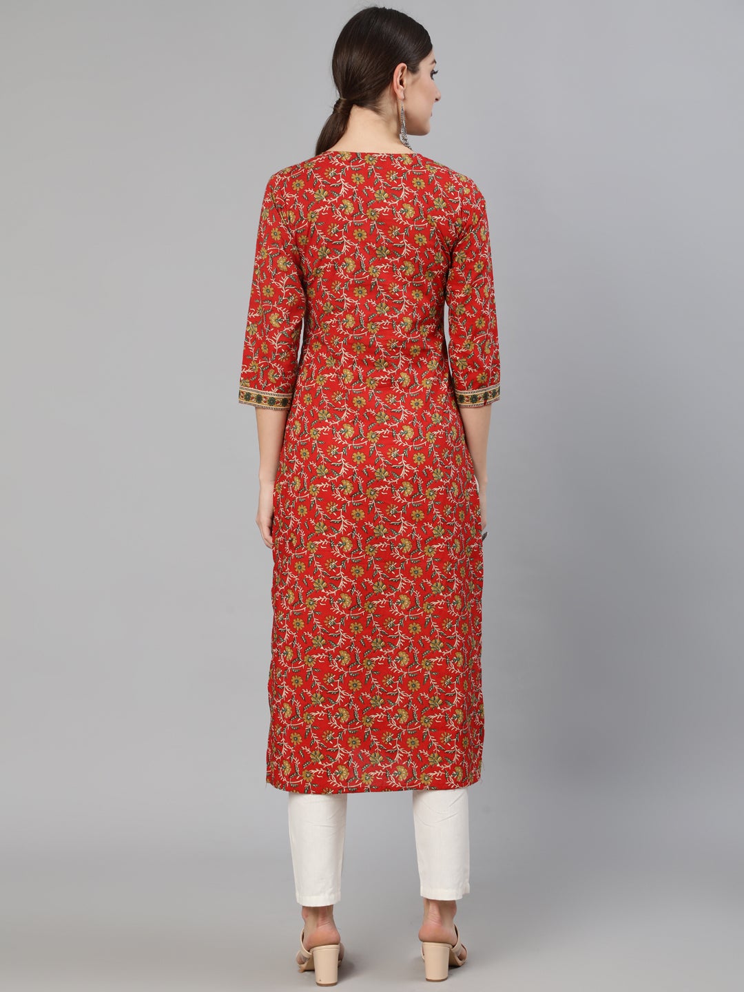 Women Red Floral Printed  Straight Kurta With Three Quarter Sleeves | LASVINI - Redefining Indian Fashion with Elegance