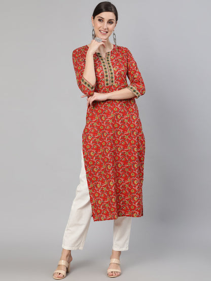 Women Red Floral Printed  Straight Kurta With Three Quarter Sleeves | LASVINI - Redefining Indian Fashion with Elegance