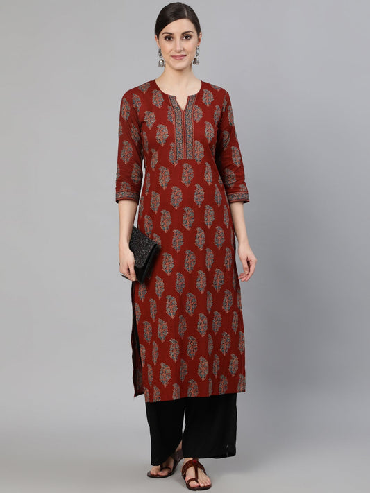 Women Maroon Printed Straight Kurta With Three Quarter Sleeves | LASVINI - Redefining Indian Fashion with Elegance