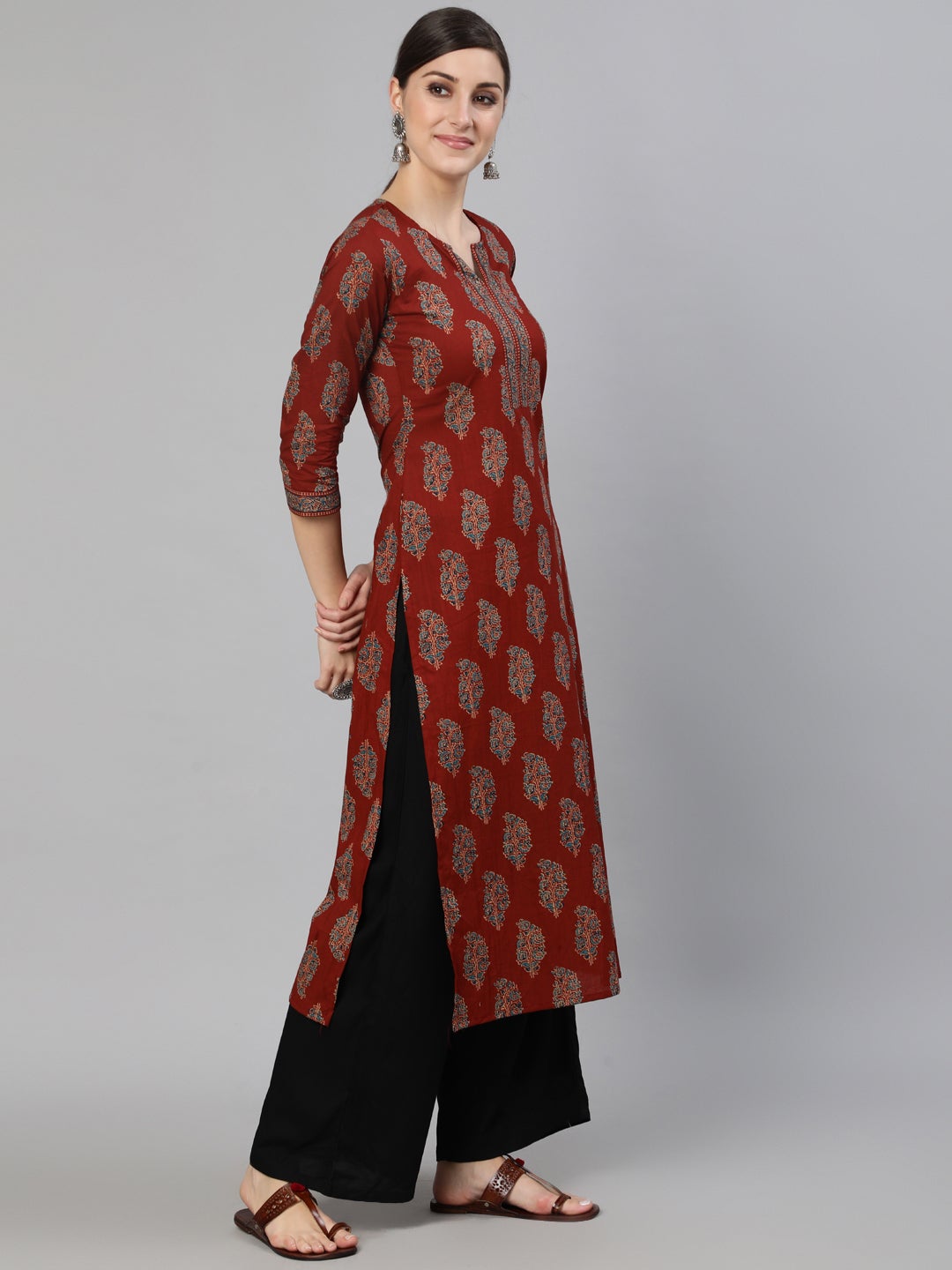 Women Maroon Printed Straight Kurta With Three Quarter Sleeves | LASVINI - Redefining Indian Fashion with Elegance