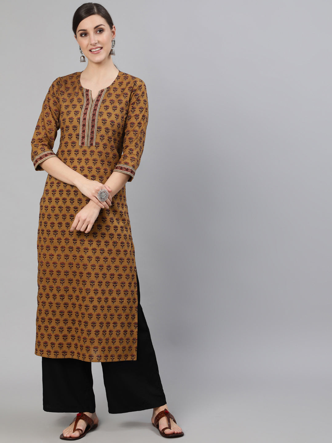 Women Brown Ethnic Motifs Printed Straight Kurta With Three Quarter Sleeves | LASVINI - Redefining Indian Fashion with Elegance