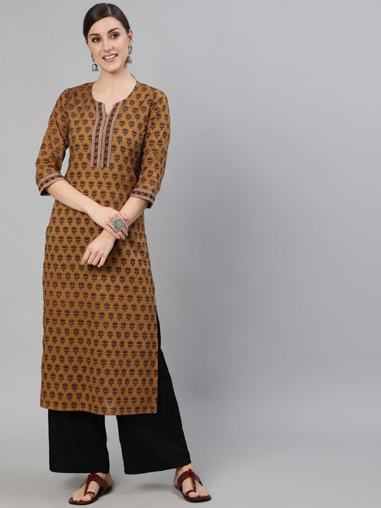Women Brown Ethnic Motifs Printed Straight Kurta With Three Quarter Sleeves | LASVINI - Redefining Indian Fashion with Elegance