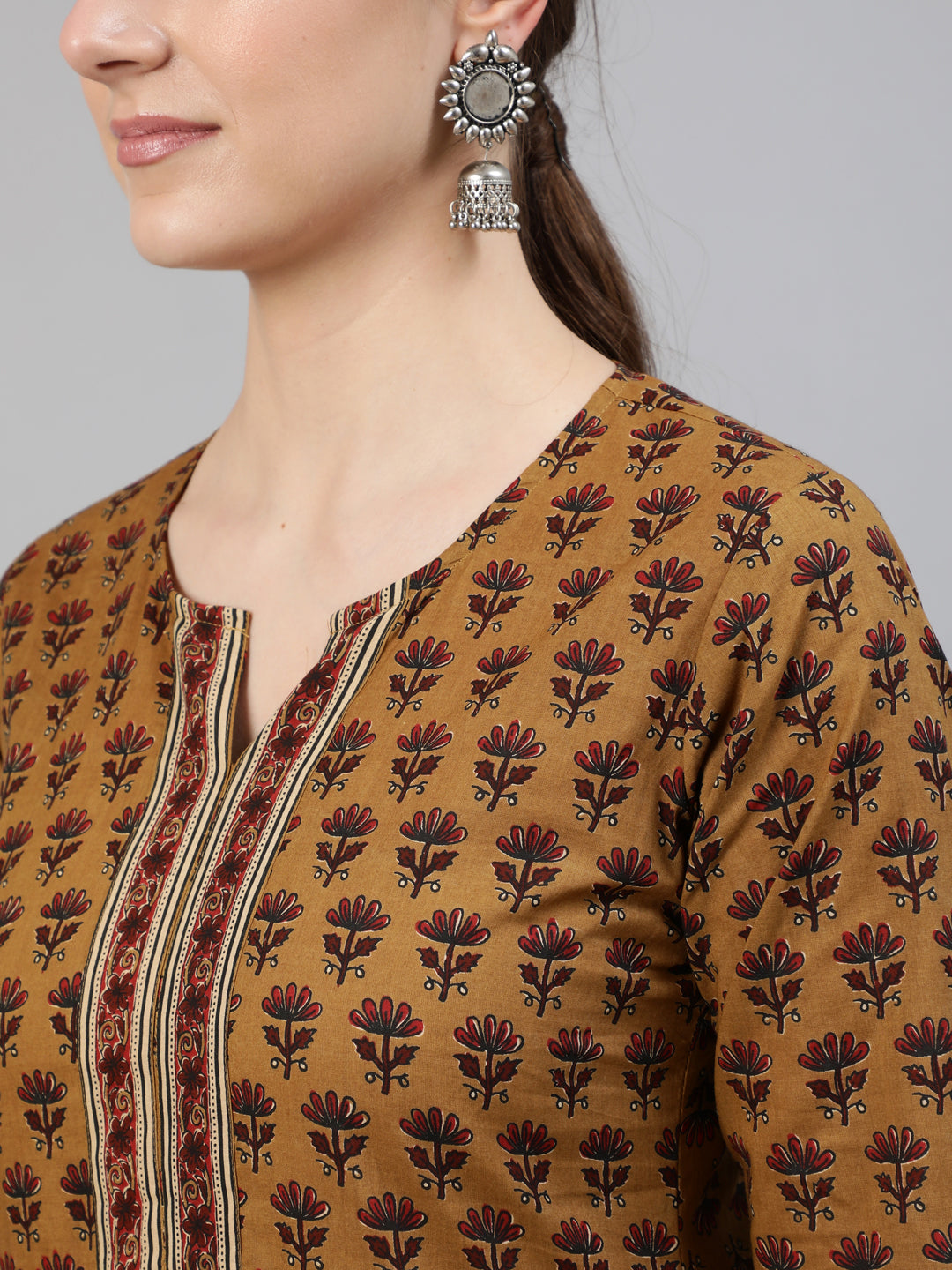 Women Brown Ethnic Motifs Printed Straight Kurta With Three Quarter Sleeves | LASVINI - Redefining Indian Fashion with Elegance