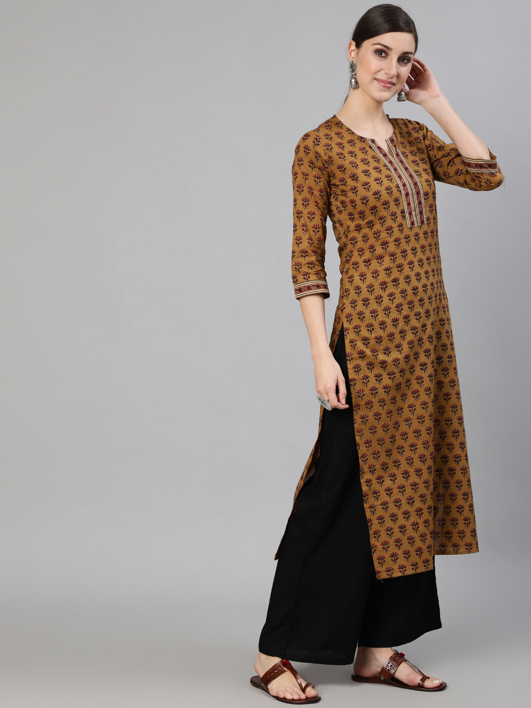 Women Brown Ethnic Motifs Printed Straight Kurta With Three Quarter Sleeves | LASVINI - Redefining Indian Fashion with Elegance