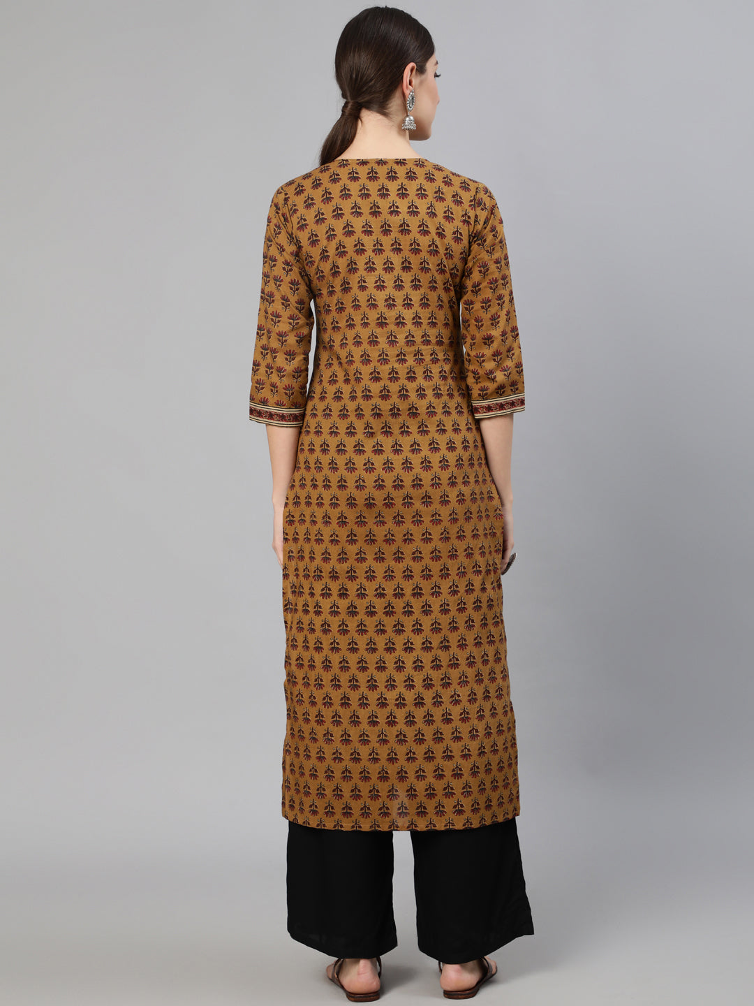 Women Brown Ethnic Motifs Printed Straight Kurta With Three Quarter Sleeves | LASVINI - Redefining Indian Fashion with Elegance