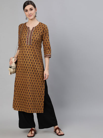 Women Brown Ethnic Motifs Printed Straight Kurta With Three Quarter Sleeves | LASVINI - Redefining Indian Fashion with Elegance