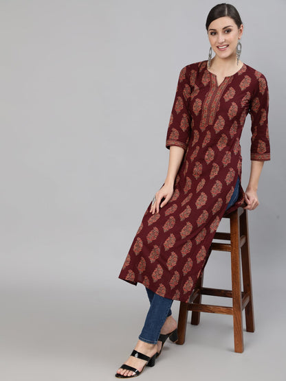Women Burgundy Ethnic Printed Straight Kurta With Three Quarter Sleeves | LASVINI - Redefining Indian Fashion with Elegance