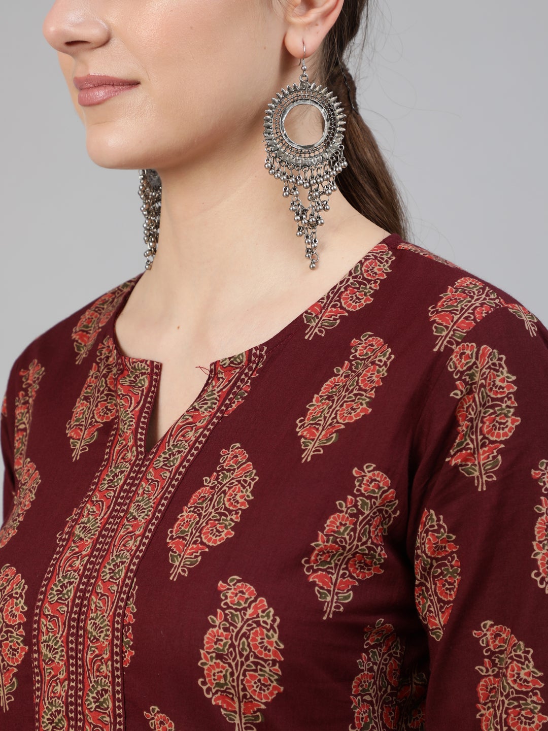 Women Burgundy Ethnic Printed Straight Kurta With Three Quarter Sleeves | LASVINI - Redefining Indian Fashion with Elegance