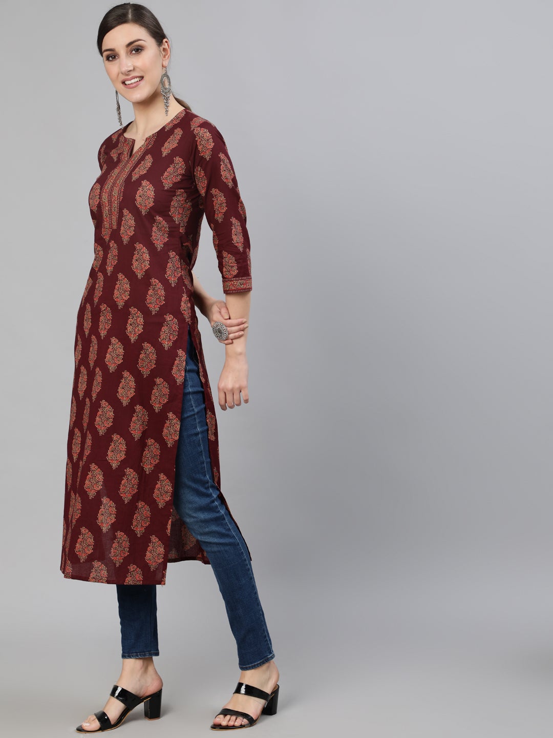 Women Burgundy Ethnic Printed Straight Kurta With Three Quarter Sleeves | LASVINI - Redefining Indian Fashion with Elegance
