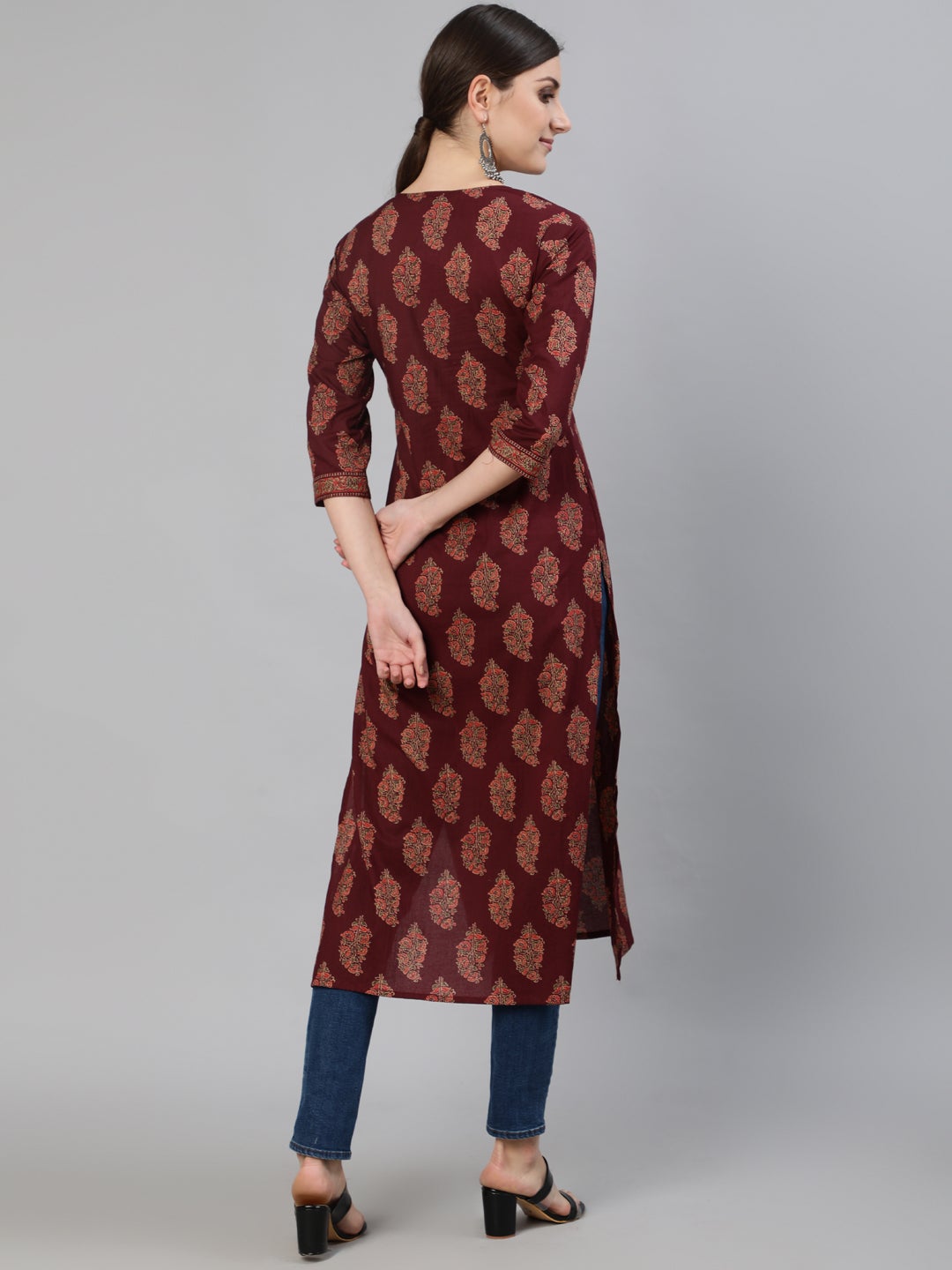 Women Burgundy Ethnic Printed Straight Kurta With Three Quarter Sleeves | LASVINI - Redefining Indian Fashion with Elegance