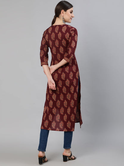 Women Burgundy Ethnic Printed Straight Kurta With Three Quarter Sleeves | LASVINI - Redefining Indian Fashion with Elegance