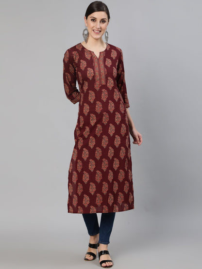 Women Burgundy Ethnic Printed Straight Kurta With Three Quarter Sleeves | LASVINI - Redefining Indian Fashion with Elegance