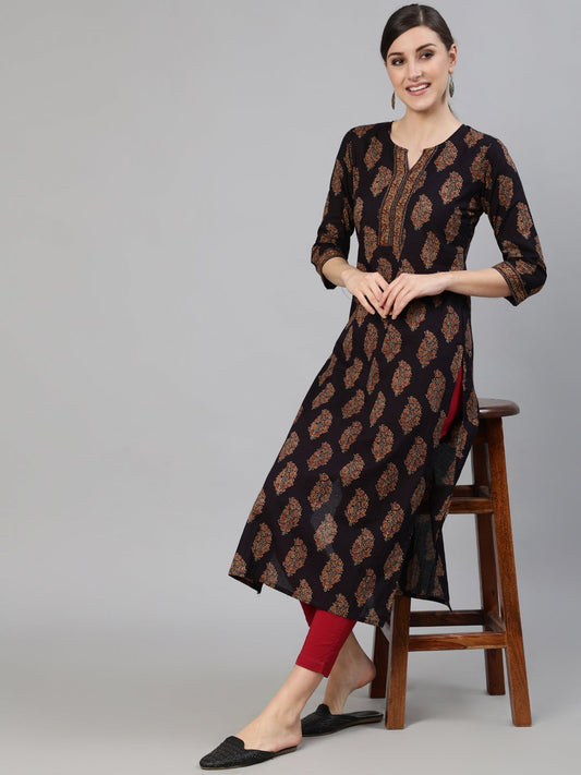 Women Black Ethnic Printed Straight Kurta With Three Quarter Sleeves | LASVINI - Redefining Indian Fashion with Elegance
