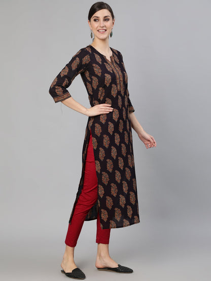 Women Black Ethnic Printed Straight Kurta With Three Quarter Sleeves | LASVINI - Redefining Indian Fashion with Elegance