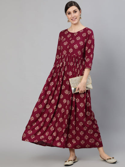 Women Burgundy Ethnic Printed Dress With Three Quarter Sleeves | LASVINI - Redefining Indian Fashion with Elegance