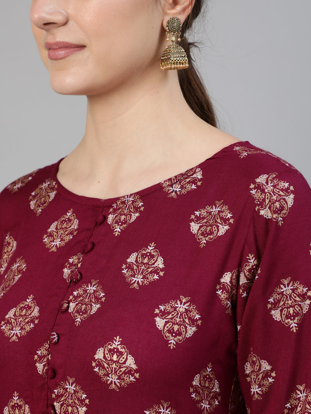 Women Burgundy Ethnic Printed Dress With Three Quarter Sleeves | LASVINI - Redefining Indian Fashion with Elegance