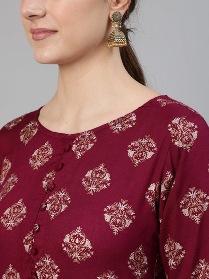Women Burgundy Ethnic Printed Dress With Three Quarter Sleeves | LASVINI - Redefining Indian Fashion with Elegance