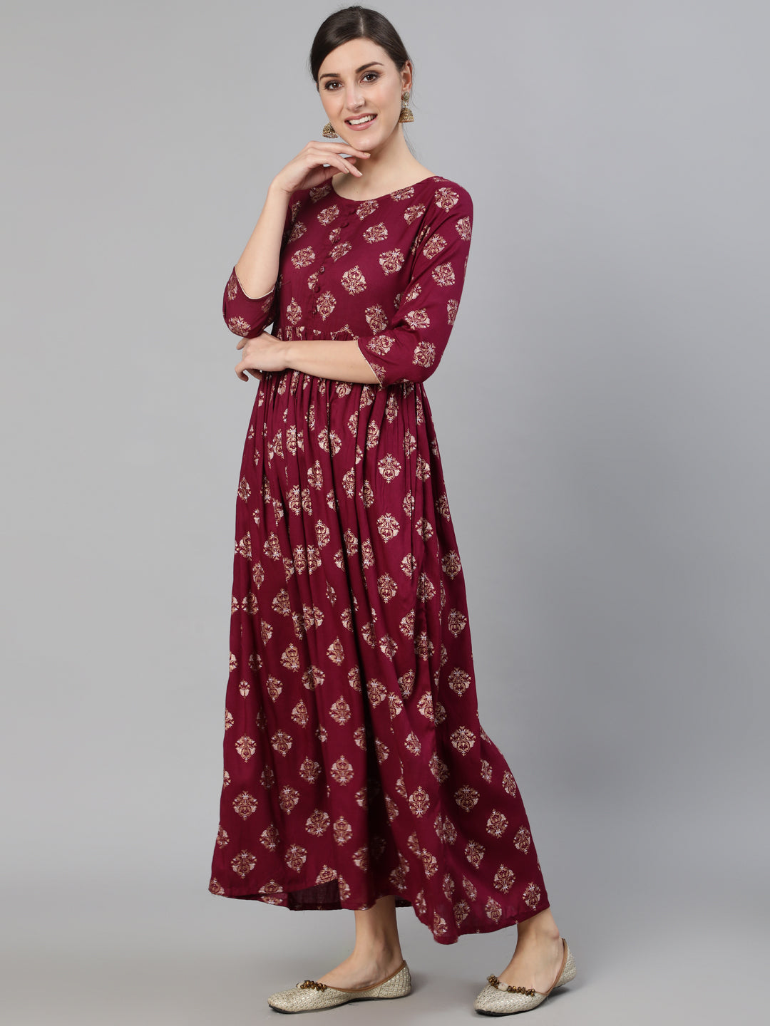 Women Burgundy Ethnic Printed Dress With Three Quarter Sleeves | LASVINI - Redefining Indian Fashion with Elegance