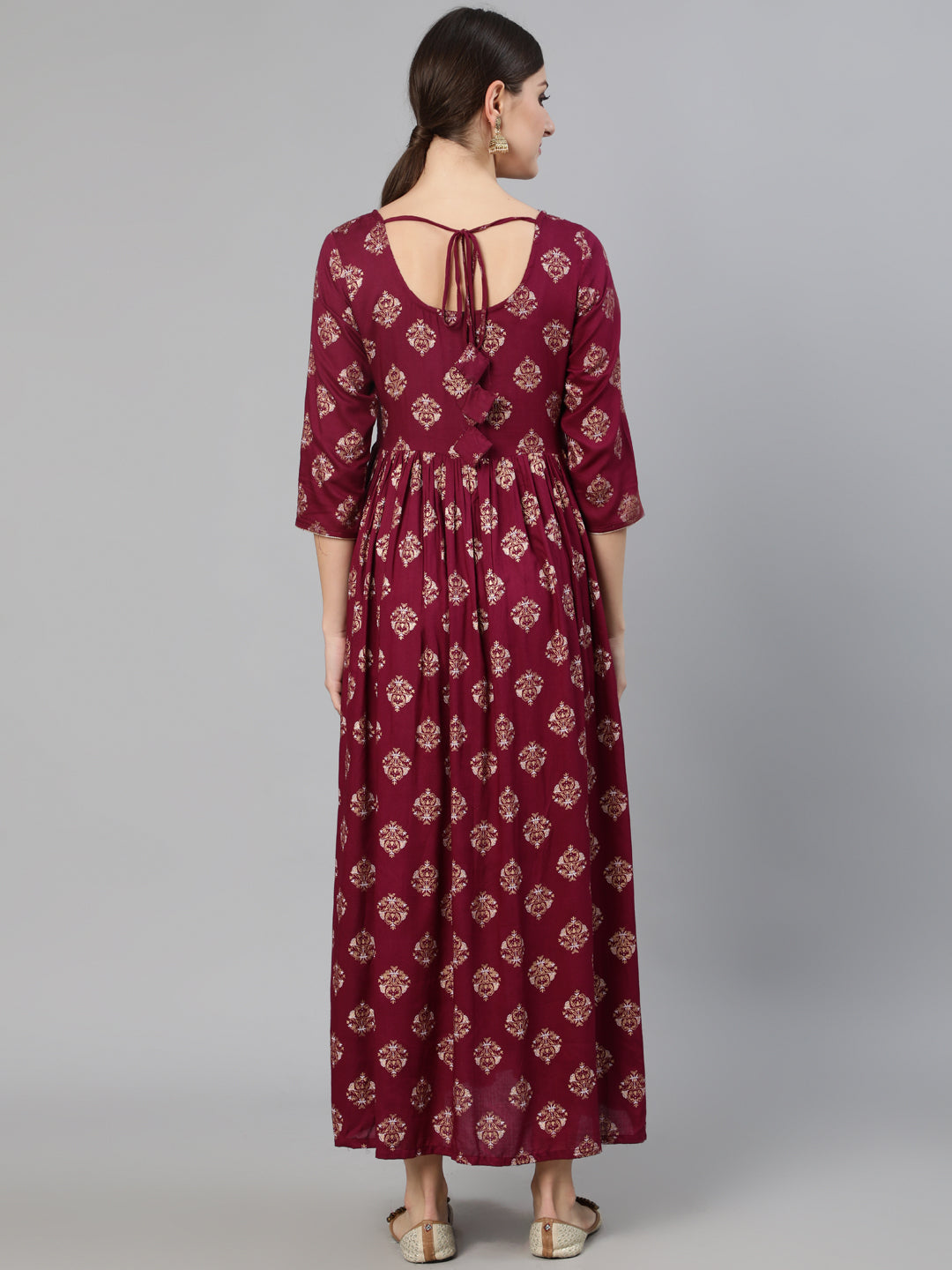 Women Burgundy Ethnic Printed Dress With Three Quarter Sleeves | LASVINI - Redefining Indian Fashion with Elegance