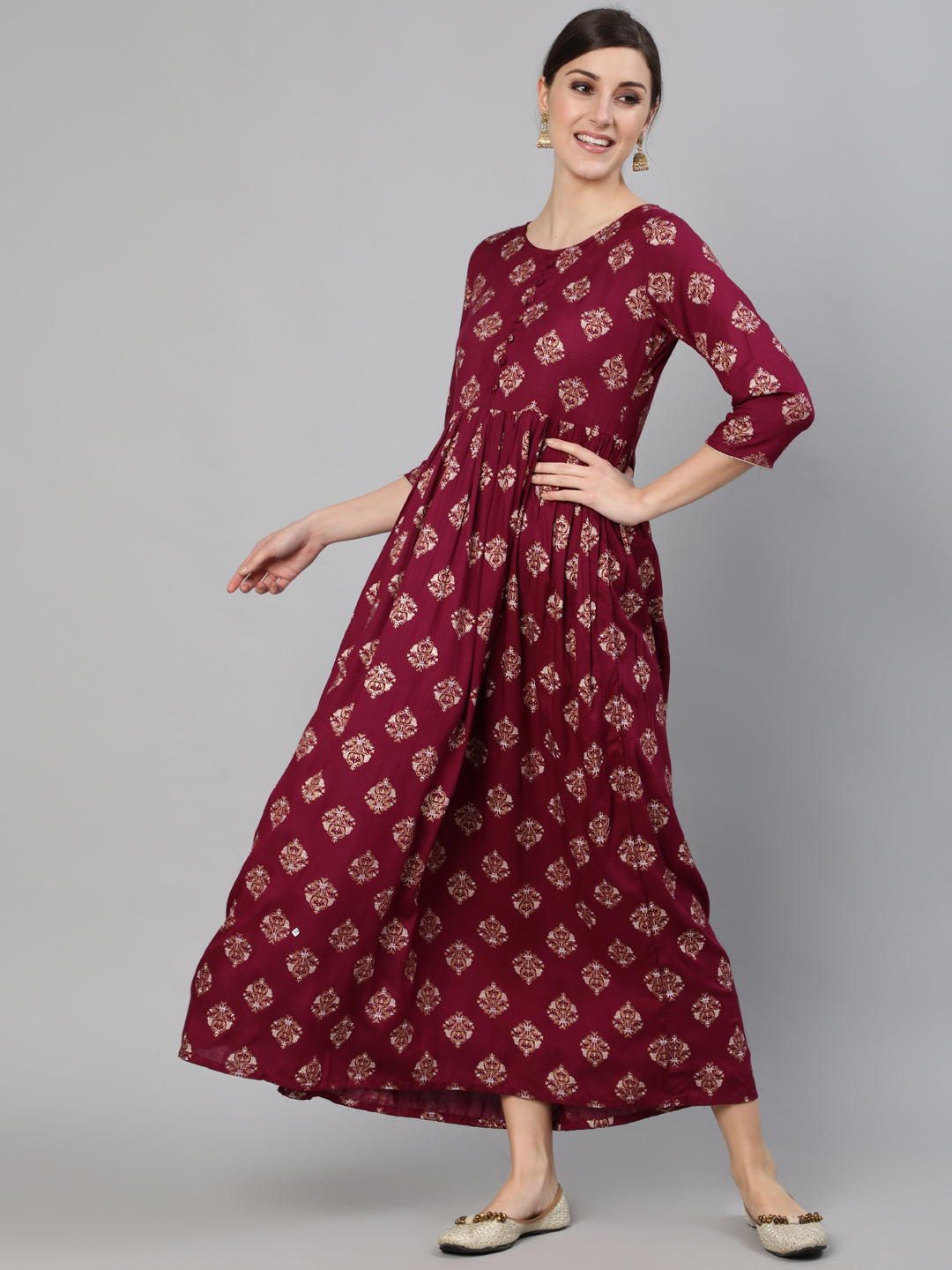 Women Burgundy Ethnic Printed Dress With Three Quarter Sleeves | LASVINI - Redefining Indian Fashion with Elegance