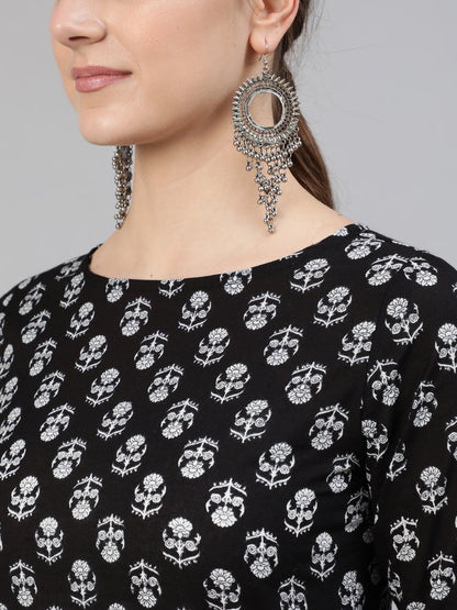 Women Black Ethnic Motif Printed Straight Kurta With Three Quarter Sleeves | LASVINI - Redefining Indian Fashion with Elegance