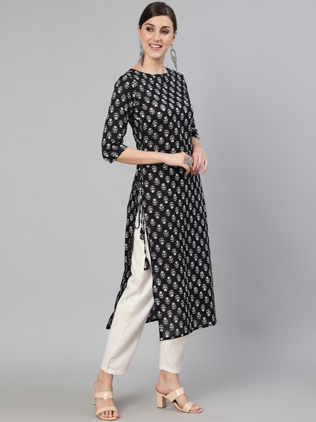 Women Black Ethnic Motif Printed Straight Kurta With Three Quarter Sleeves | LASVINI - Redefining Indian Fashion with Elegance