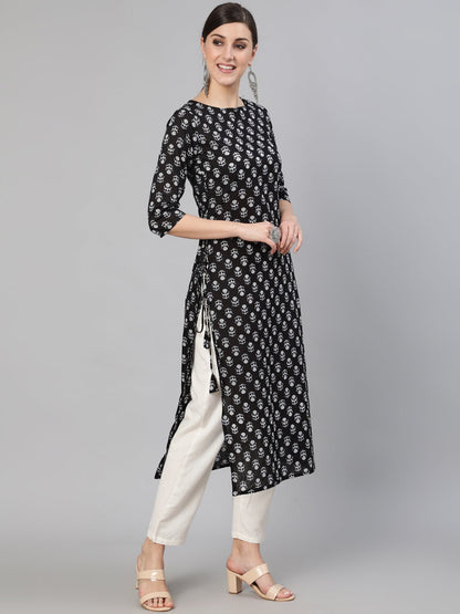 Women Black Ethnic Motif Printed Straight Kurta With Three Quarter Sleeves | LASVINI - Redefining Indian Fashion with Elegance